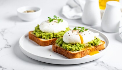 Toast with mashed avocado and poached egg on a light plate, marble background

