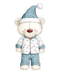 
White background, clip art of a teddy bear in white and blue pajamas with a Santa hat on its head.

