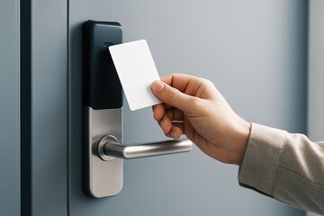 Keycard Access System Demonstrates Modern Security, featuring a woman's hand using a blank white key card to unlock a door in a hotel or office