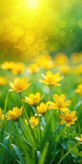 Obraz premium Vibrant yellow flowers blooming on a lush green lawn in spring