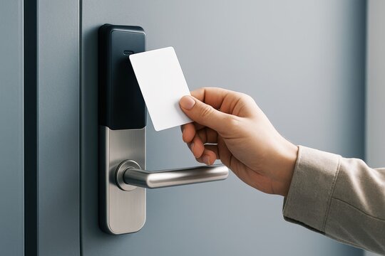 Keycard Access System Demonstrates Modern Security, featuring a woman's hand using a blank white key card to unlock a door in a hotel or office