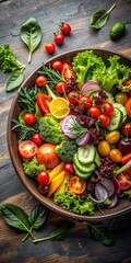 Colorful mixed greens and vegetables arranged in a bowl