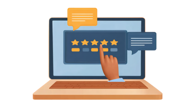 Discover The Power of Positive Feedback: A Flat Design Vector Featuring a Person Pointing at a Laptop with Five Golden Stars