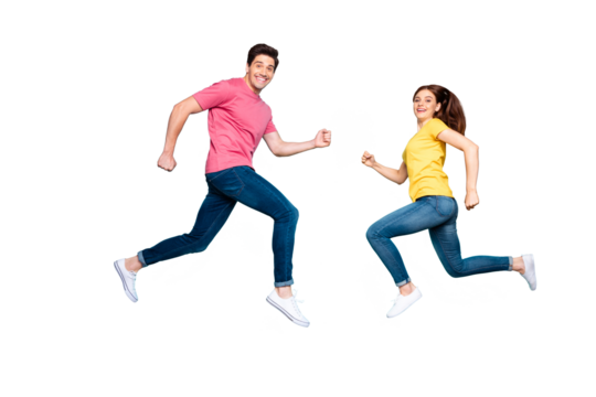 Full length body size profile side view of nice attractive sporty cheerful couple running jumping in air having fun holiday spring isolated over bright vivid shine vibrant green turquoise background