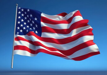 Fototapeta premium A large flag with red and white stripes and white stars on a blue field waving in the clear blue sky, symbolizing patriotism and national pride