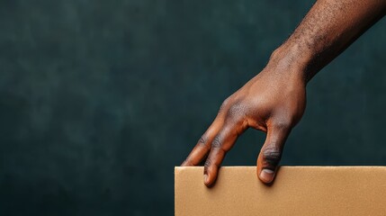 Close-Up of a Hand Grasping the Edge of a Brown Cardboard Box Against a Dark Background