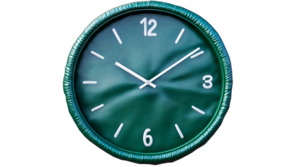 Teal wall clock with white numbers, telling the time, cut out transparent