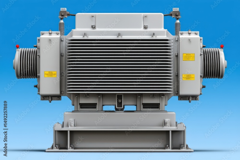 Poster high-powered electrical transformer designed for industrial usage showcasing robust metallic constru