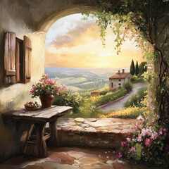 Tuscanian landscape at sundown