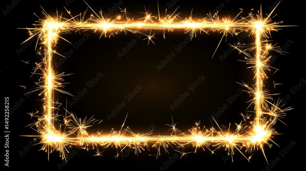 Poster holiday background featuring a gold sparkler firework frame with square shape on black, complete wit