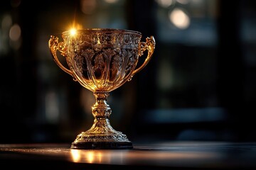 ornate golden trophy cup shining under warm light on dark reflective surface conveying achievement and victory