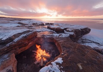 Obraz premium Winter campfire on icy shore