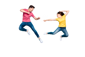 Full length body size view of nice attractive sportive crazy cool strong couple having fun fighting in air contest discount isolated over bright vivid shine vibrant green turquoise background