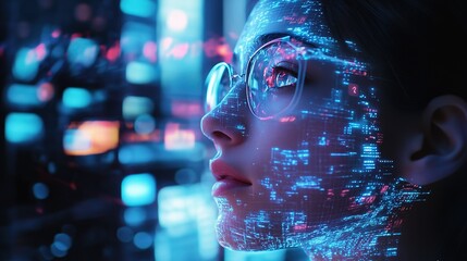 A futuristic AI-powered chatbot interacting with a human through a holographic display 