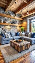 Luxurious gray sectional sofa nestled among wooden and stone elements in a cozy living room with blue accents