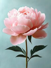 Close-up of a delicate pale pink peony flower with soft layered petals and green leaves against a muted blue background evoking calm and beauty
