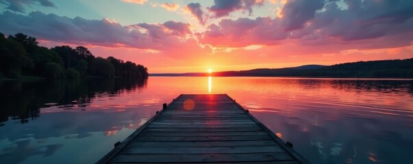 Serene figure, lakeside dock, Minnesota sunset, royalty free, peaceful