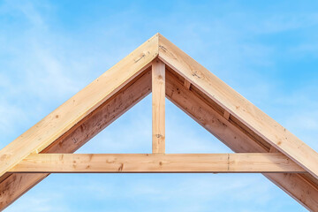 Wooden house frame silhouette against clear blue sky, showcasing craftsmanship and design