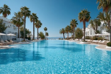 Fototapeta premium Scenic luxury resort pool with palm trees and ocean view during bright sunny day