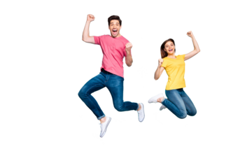 Full length body size view of his he her she nice crazy overjoyed cheerful couple jumping up in air having fun time rejoicing isolated on bright vivid shine vibrant green turquoise background