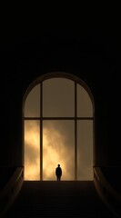 Fototapeta premium A solitary figure is positioned at the peak of an expansive staircase, framed by a large arch window. The backdrop reveals swirling clouds that create a captivating atmosphere