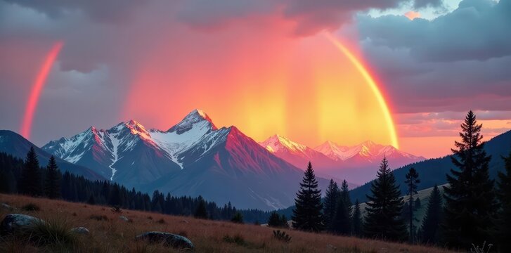 Triple rainbow over a mountain range at sunset, breathtaking spectrum, rainbow photography, magical