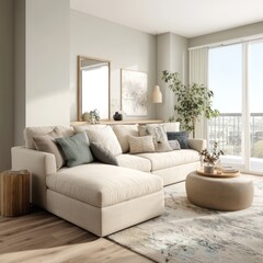 Living room with a sectional sofa, muted colors, and plants for a relaxed, inviting atmosphere.