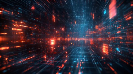 Fototapeta premium Digital data streams flow through a futuristic cyberspace tunnel; background glows