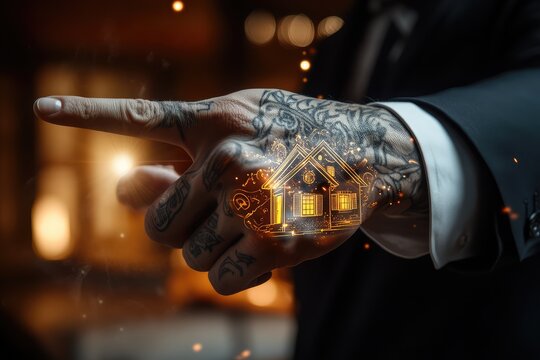 A tattooed hand, in a suit, points at a holographic house