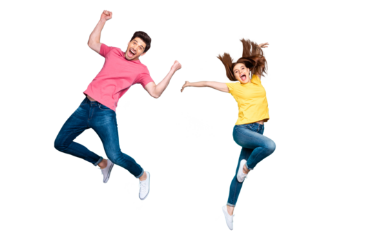Full length body size view of nice attractive crazy funky cheerful carefree couple jumping in air having fun fooling rejoicing dancing isolated on bright vivid shine vibrant green turquoise background