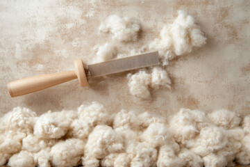 Detail shot of wool fibers being carded for spinning process in a textile workshop