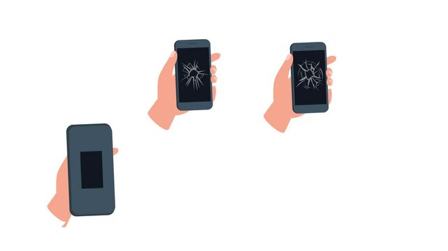 Hands presenting smartphones with intact and cracked screens on solid color backgrounds