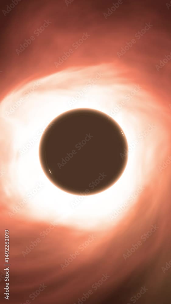 Poster vertical top down view of black hole with glowing bright accretion disk swirling around and strong g