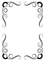 Elegant black decorative corner frame with swirling lines and circular accents on white background