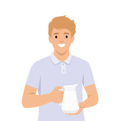 Smiling Man Holding a Jug of Milk. Flat vector illustration isolated on white background