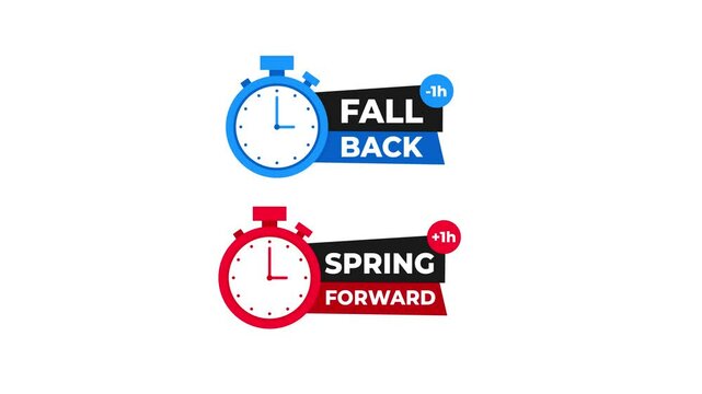 Animated stopwatch with text fall back and spring forward, gain and lose one hour