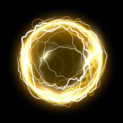Light energy ball. Glowing golden power sphere with electric lightning effect on black background. Futuristic plasma ball, magic orb, game portal. Abstract vector illustration.