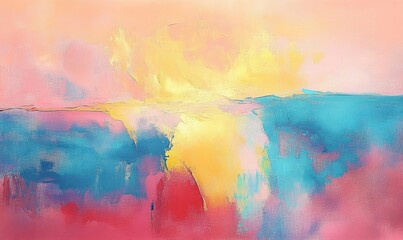 Abstract painting with warm and cool colors blending softly in a textured composition evoking a serene and dreamy atmosphere
