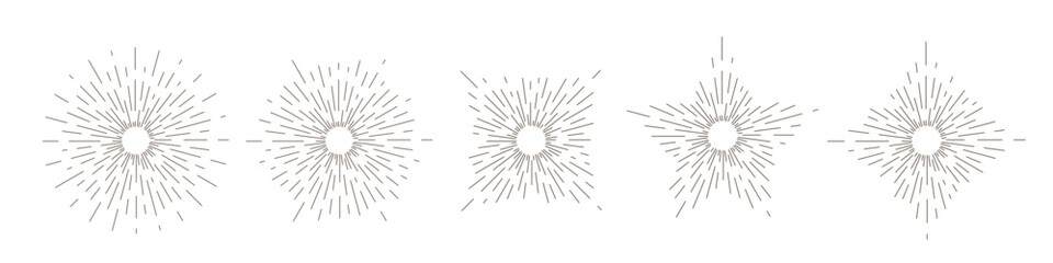 Firework icons. Sunburst rays. Sun or star with thin rays in retro style for badges, labels, stamps, decorative elements. Abstract vector illustrations set. © backup16
