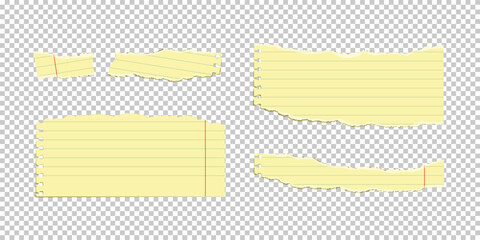 Torn yellow legal pad paper pieces with ruled lines and spiral edge holes on transparent background. Ripped notebook fragments for notes, scrapbooking, design overlays. Realistic vector illustration. © backup16