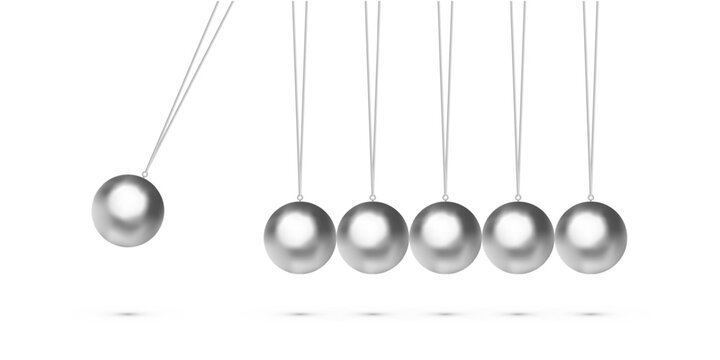 Newton cradle with balancing pendulum of hanging silver metal balls. Classic physics demonstration of momentum and energy transfer. 3d realistic vector illustration.