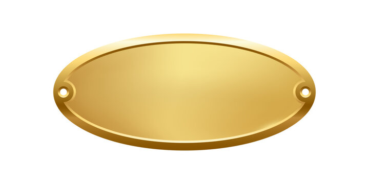 Blank golden nameplate plaque with screw holes. Empty metallic oval label for engraving, signage, awards, door signs. Realistic vector illustration,