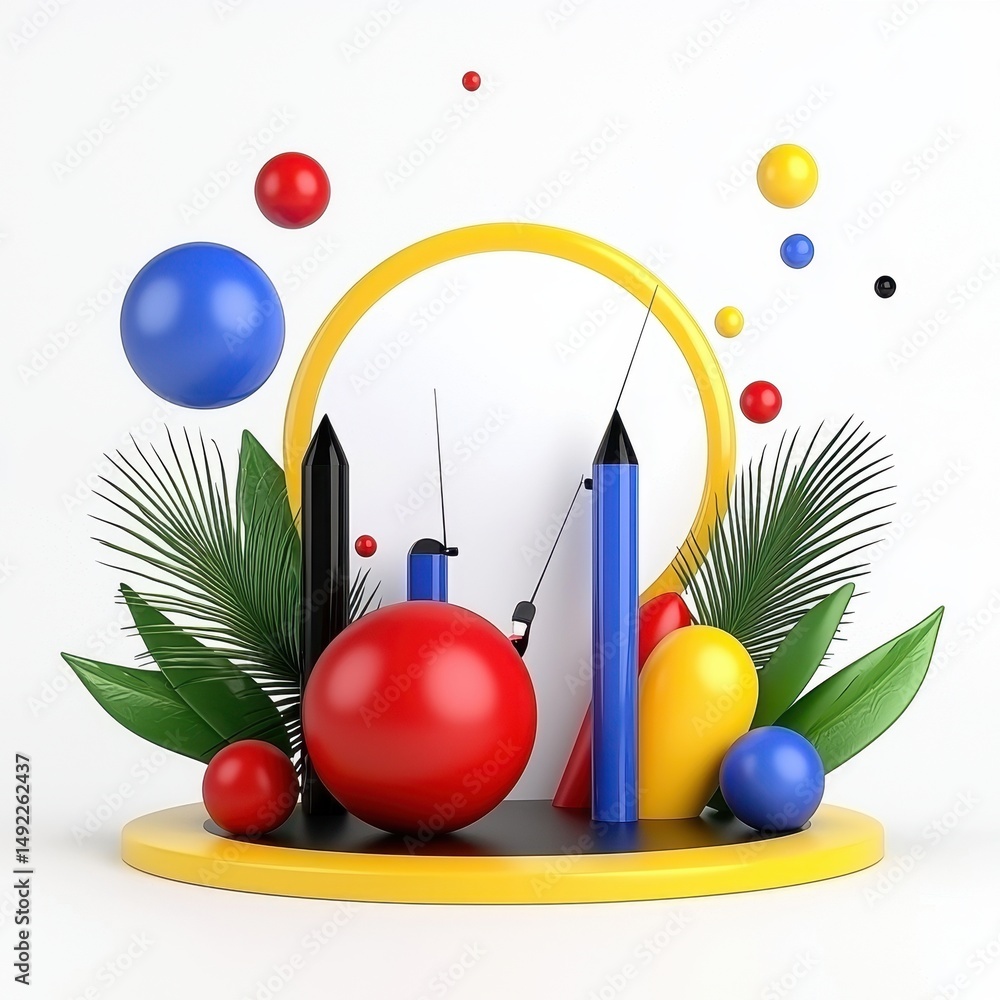 Poster abstract 3d rendering of colorful spheres, pencils, and palm leaves arranged on a yellow platform ag