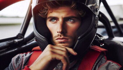 Portrait of focused racing driver wearing helmet preparing for motorsport competition