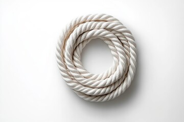 Coiled thick white twisted rope neatly arranged in a circular shape on a white background