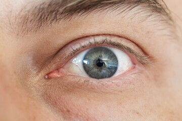 Caucasian male blue eye macro close up shot