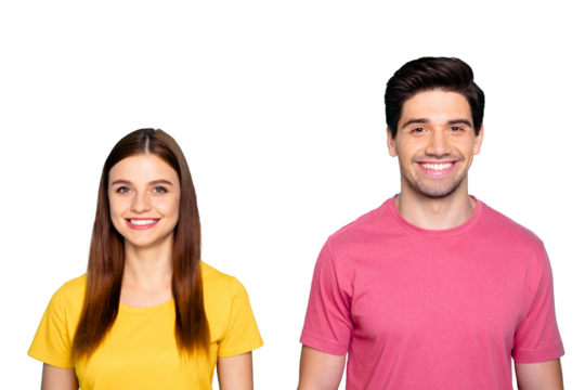 Close-up portrait of his he her she nice attractive lovely cheerful cheery couple smiling isolated over bright vivid shine vibrant green blue turquoise background