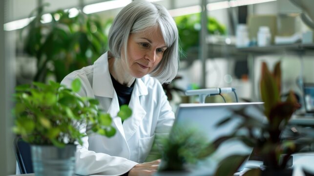 Scientist examining plants data - Powered by Adobe