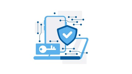 Cybersecurity animation with key, shield, laptop and smartphone on white and green screen - Powered by Adobe