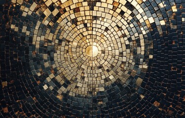Circular mosaic pattern composed of small square tiles with a gradient from gold and beige in the center to dark blue and black toward the edges